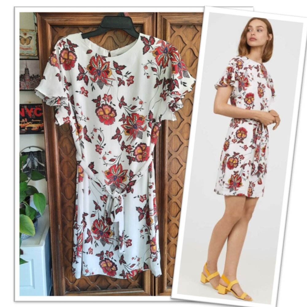 H&M Flutter Sleeve Floral Tie Dress - Size 8